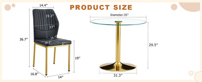 Round Dining Table Set - Black & Gold Glass, 4 Chairs