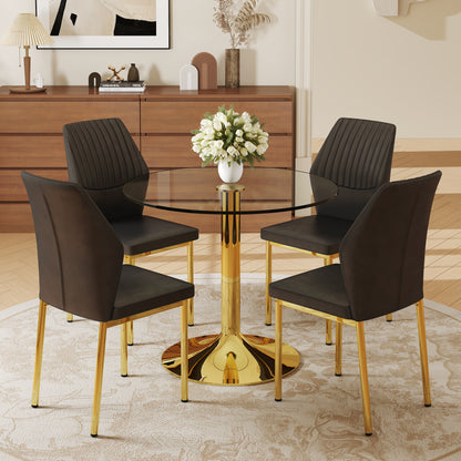 Table and chair set.A 35" Transparent Tempered Glass Round Dining Table-Gold Metal Bracket and Base.Paired with 4 BLACK PU Material High Resilience Dining Chair with Metal Gold Leg.