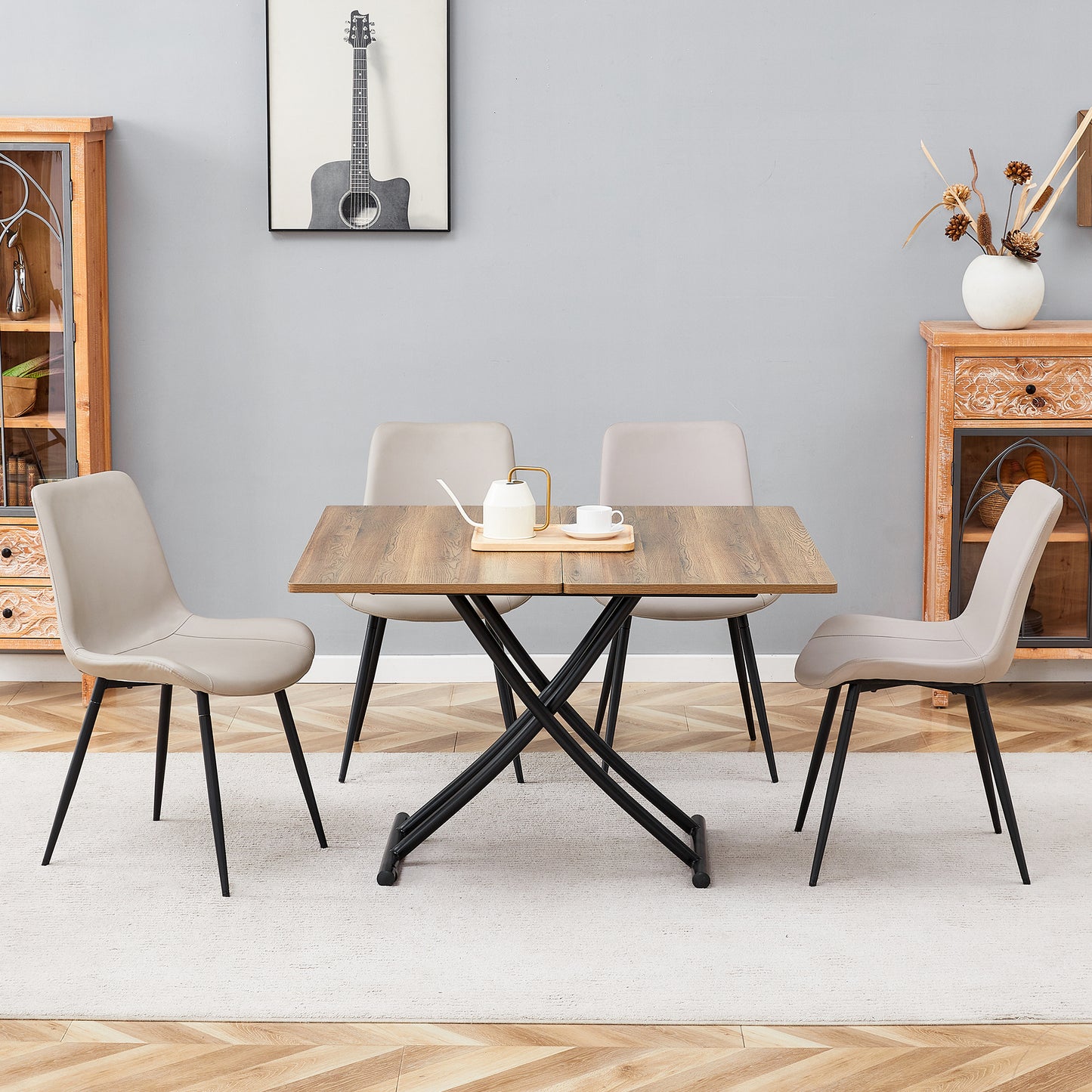 Table and chair set.Modern Multifunctional Lifting Platform,Natural Wood Grain Sticker MDF Desktop, Black Metal Legs.Paired with 4 Warm Gray Artificial PU Chairs With Curved Widened Cushion Design.