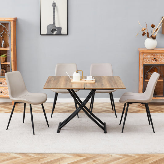 Table and chair set.Modern Multifunctional Lifting Platform,Natural Wood Grain Sticker MDF Desktop, Black Metal Legs.Paired with 4 Warm Gray Artificial PU Chairs With Curved Widened Cushion Design.