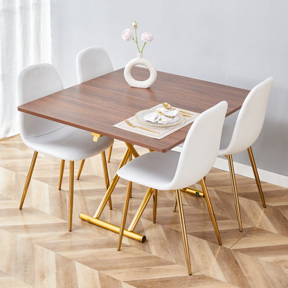 Table and chair set. Modern multifunctional lifting platform, wood textured sticker MDF desktop, gold metal legs. Paired with four white dining chairs made of linen fabric.