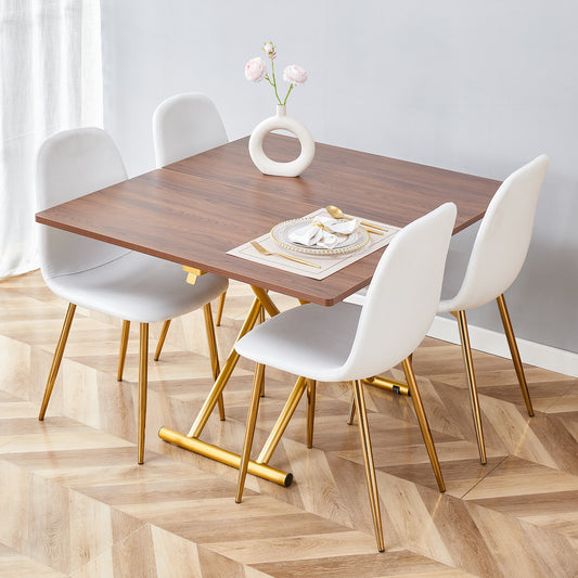 Table and chair set. Modern multifunctional lifting platform, wood textured sticker MDF desktop, gold metal legs. Paired with four white dining chairs made of linen fabric.