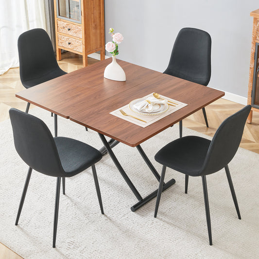 Table and chair set.Modern Multifunctional Lifting Platform,Walnut Wood Grain Sticker MDF Desktop, Black Metal Legs.Paired with 4 Black Linen-Cotton Material High Resilience Dining Chair.