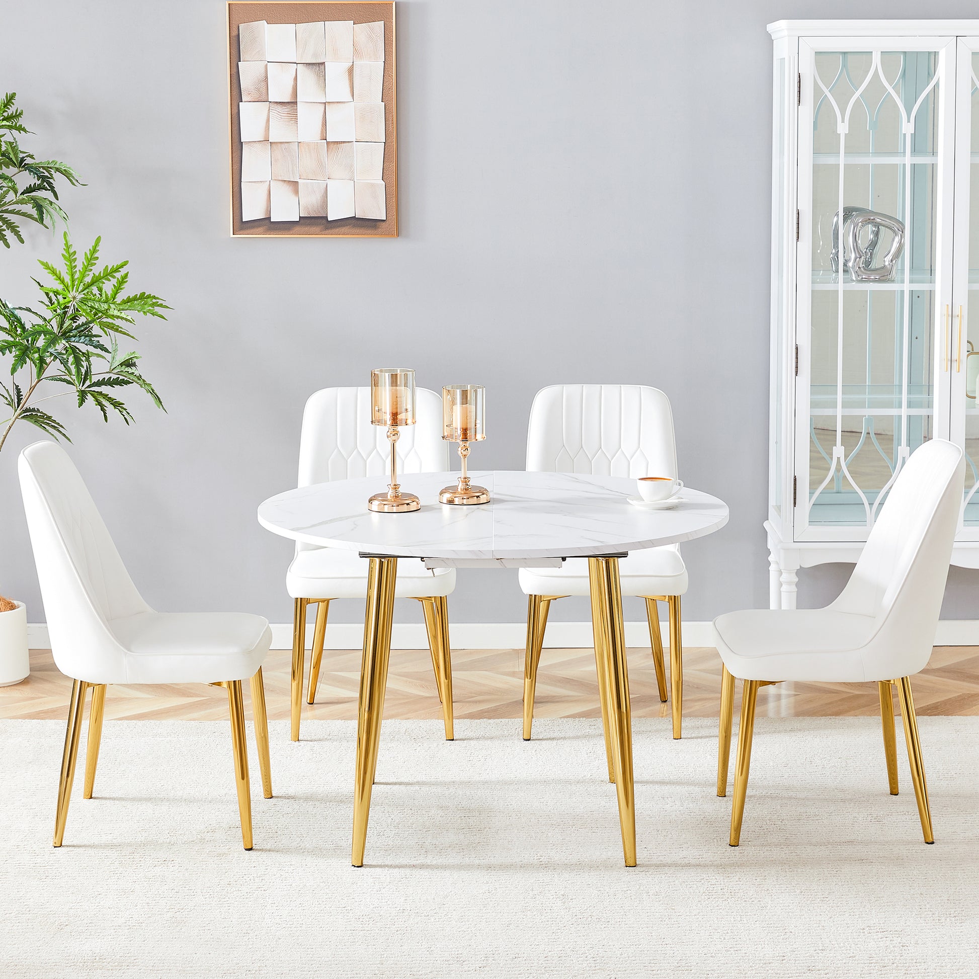 4-Person White Gold Extendable Dining Table Set