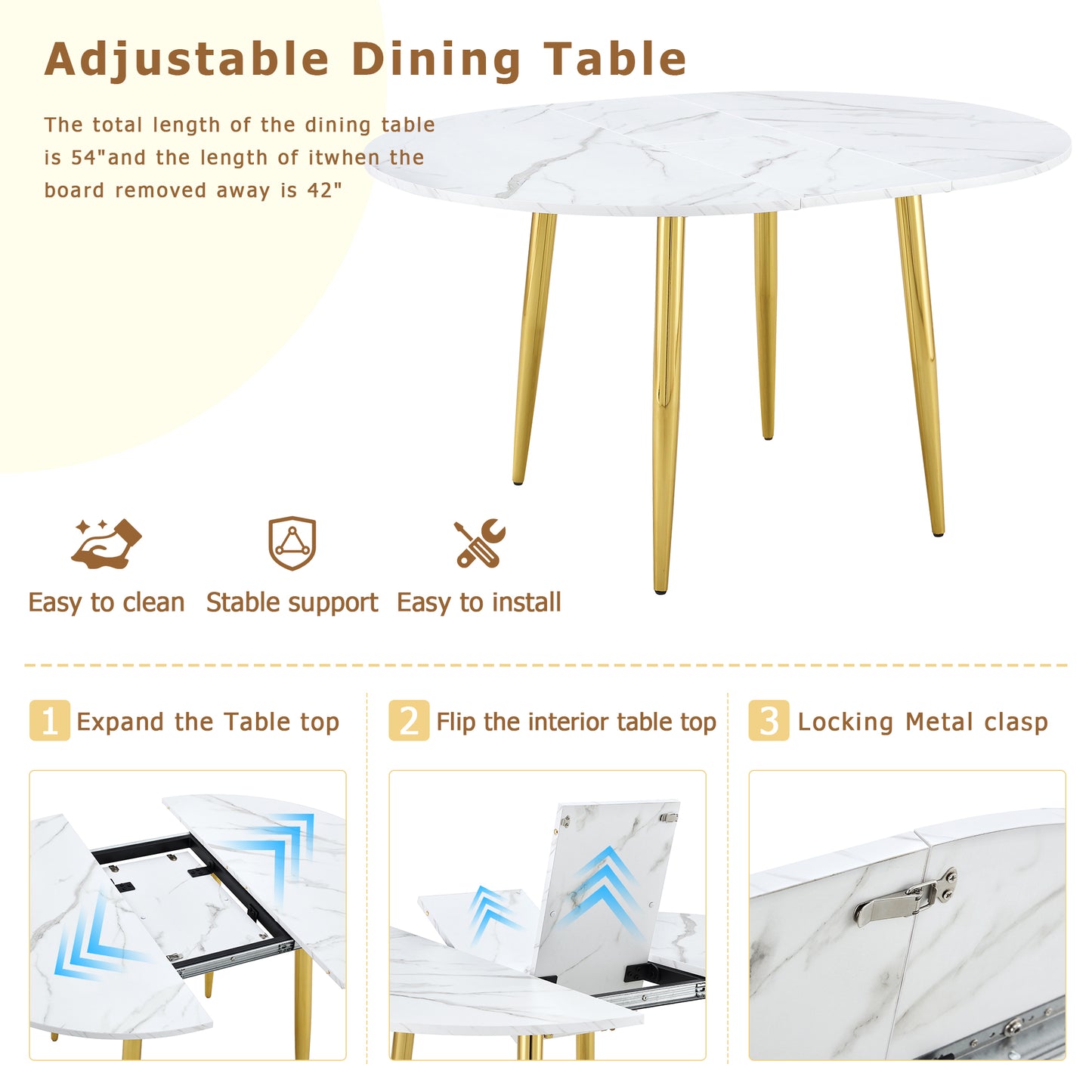 4-Person White Gold Extendable Dining Table Set