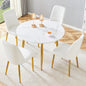 Table and chair set.Extendable MDF Dining Table.The pull-out table is suitable for gatherings of different size.Paired with 4 White PU Chairs with Simple Line Designs On The Backrest.