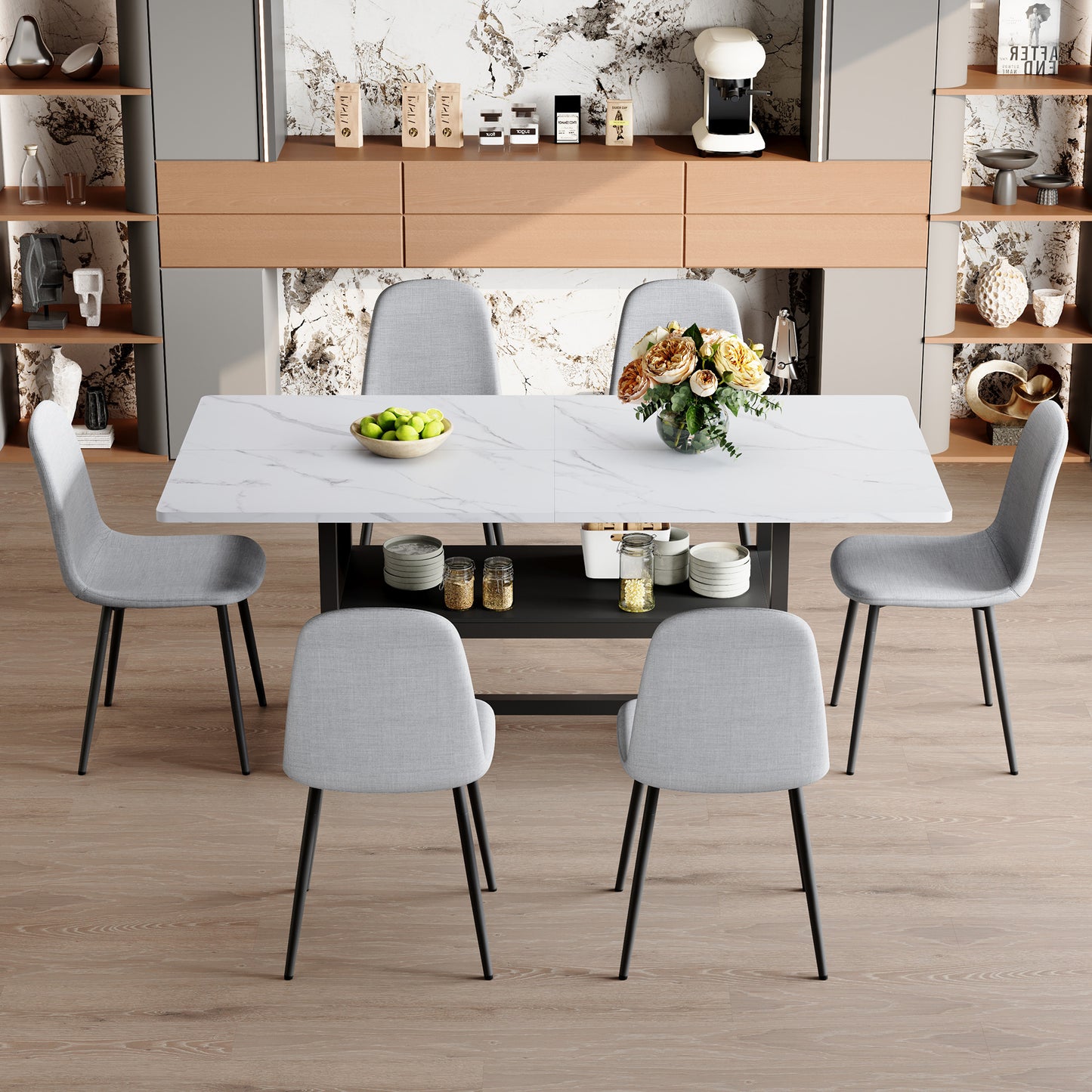 8 Person Dining Table Set with Storage Chairs Light Gray