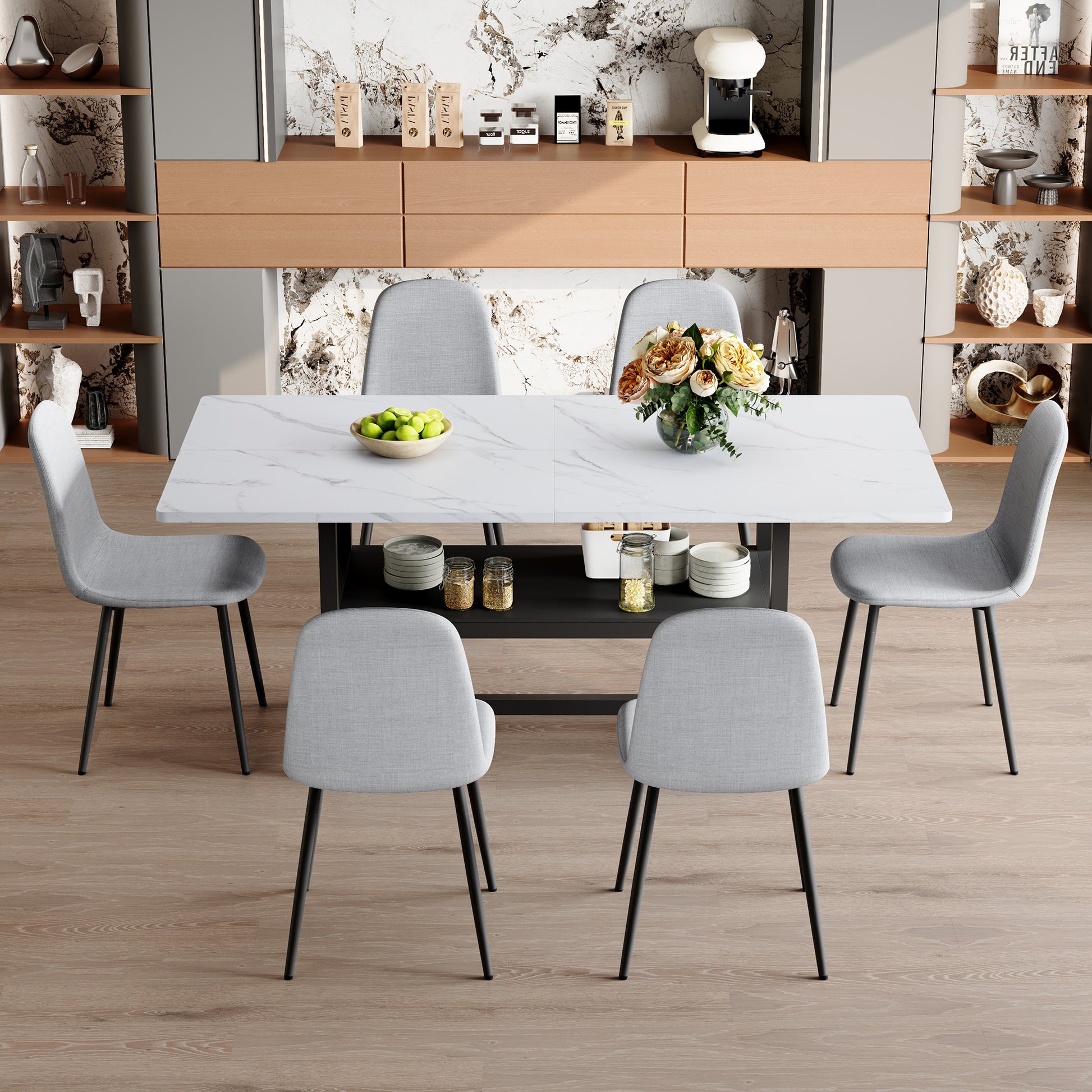8 Person Dining Table Set with Storage Chairs Light Gray