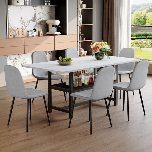 Table and chair set.71*35.4 inch White Grain Spliced Dining Table With Storage Function In The Middle Of The Table Legs.Paired with 6 Light Gray Linen-Cotton Material High Resilience Dining Chairs.