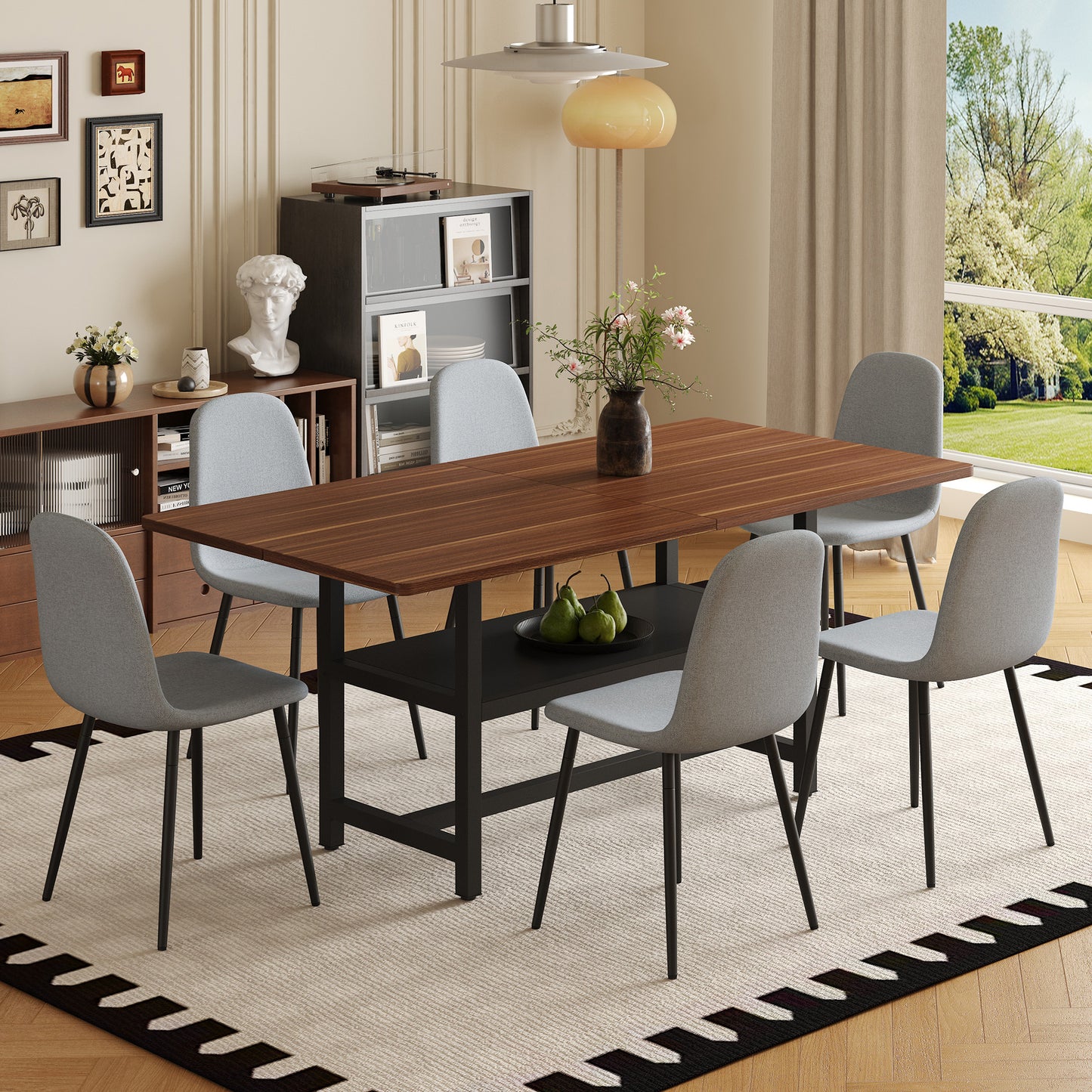 6-Person Light Gray Dining Table Set Walnut Dining Room Furniture