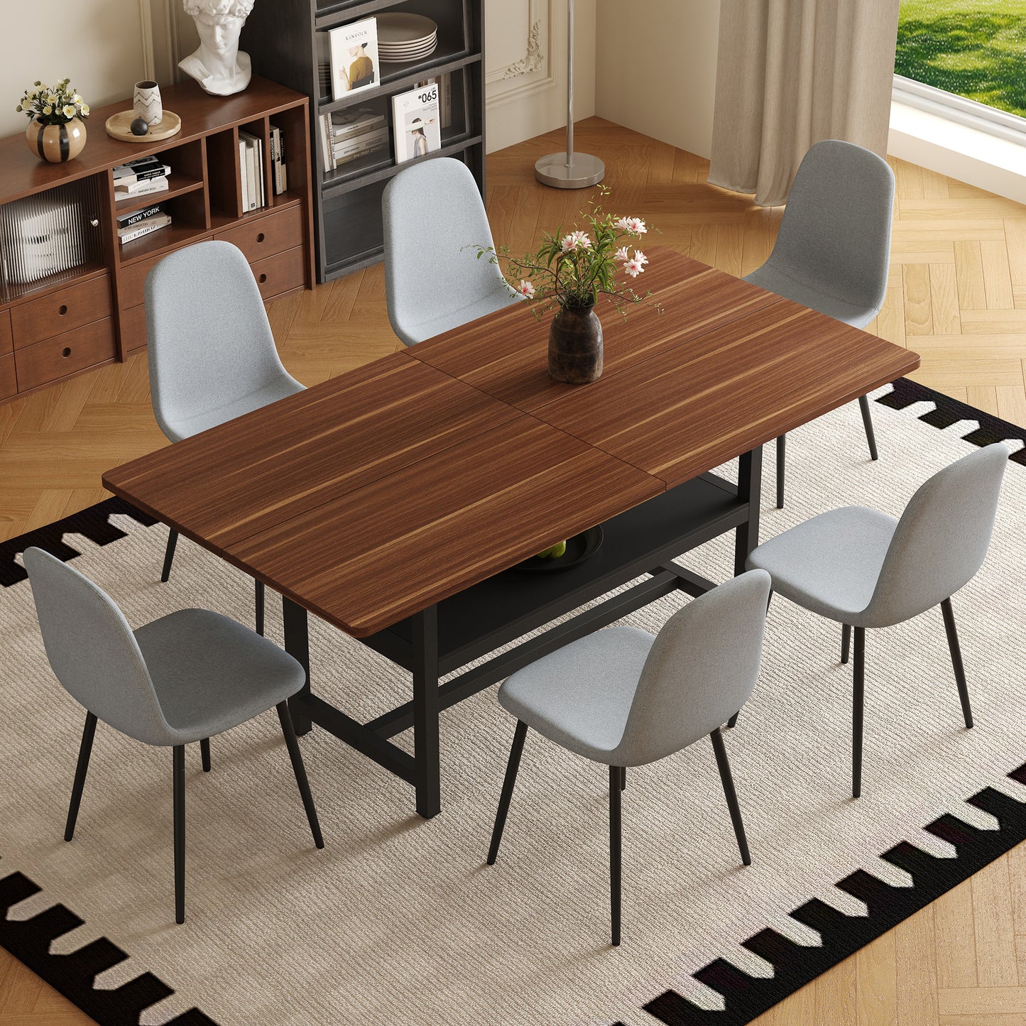 6-Person Light Gray Dining Table Set Walnut Dining Room Furniture