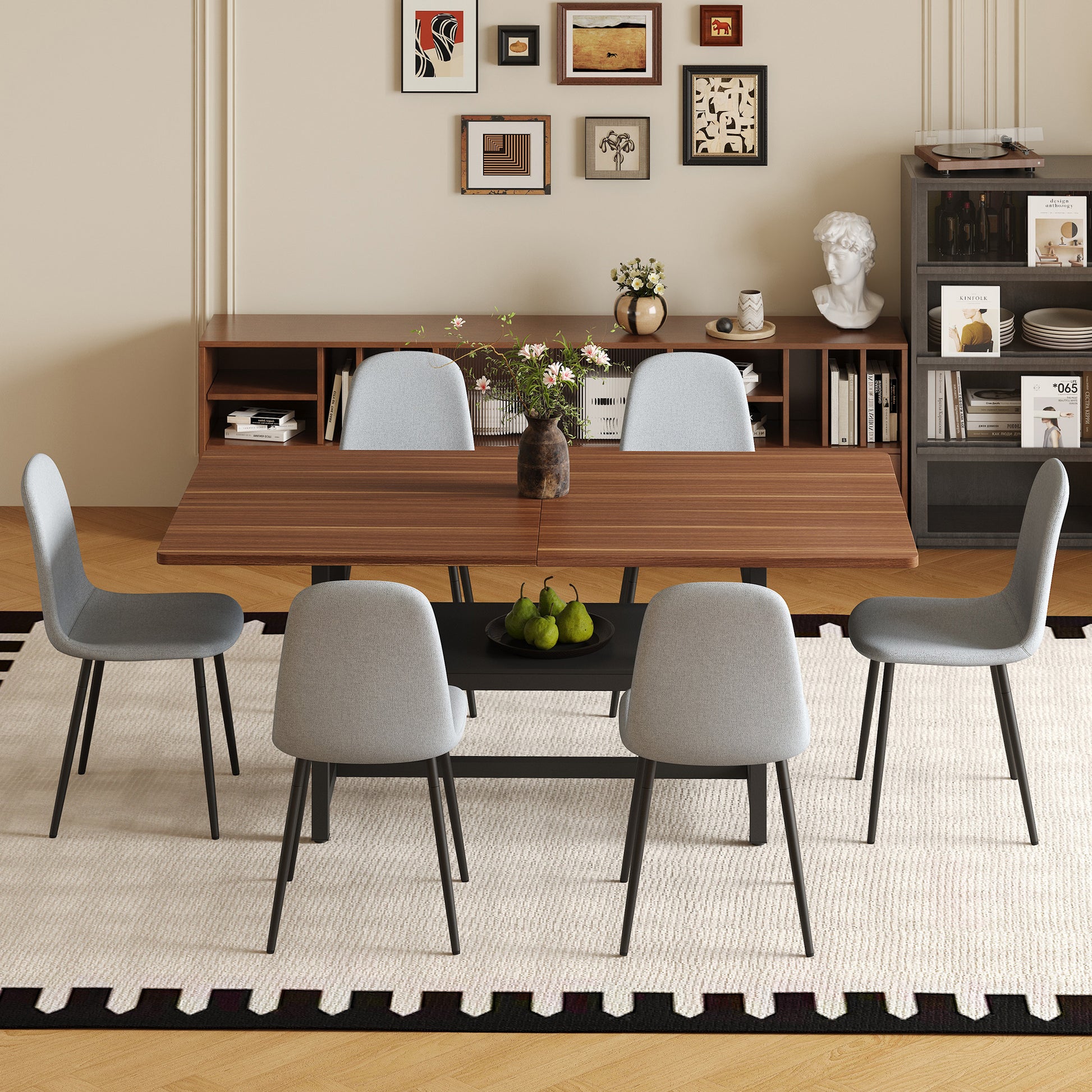 Table and chair set.71*35.4 inch fashionable walnut grain dining table, a practical choice to add color to the home.Paired with 6 Light Gray Linen-Cotton Material High Resilience Dining Chairs.
