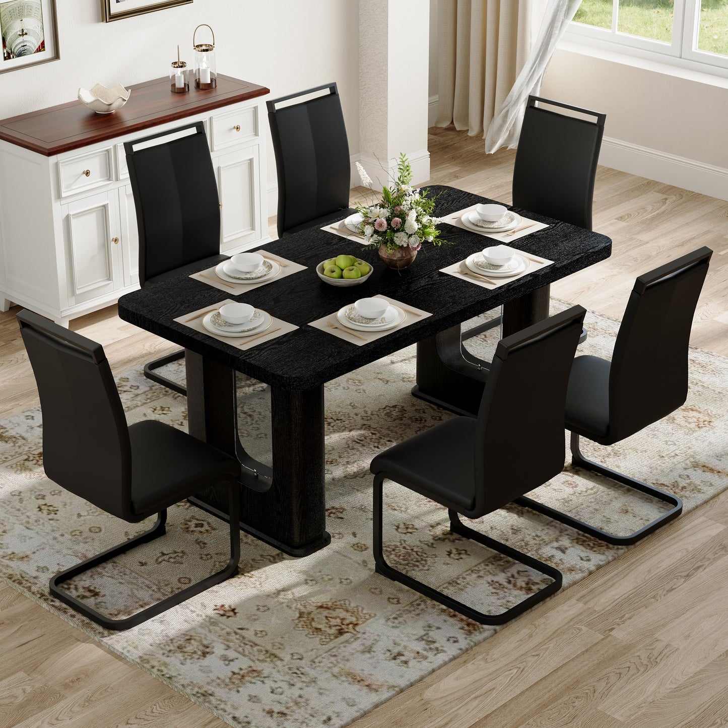 Table and chair set.64.5 x 35.4 Inch Stylish Black Wood Color Textured Dining Table.Paired with 6 Black PU chairs with Black Featuring arched black legs.Exudes A Strong Sense Of Fashion.