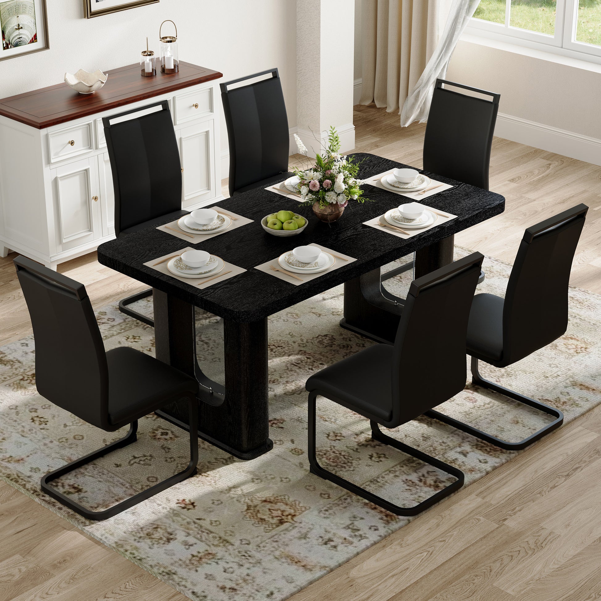Table and chair set.64.5 x 35.4 Inch Stylish Black Wood Color Textured Dining Table.Paired with 6 Black PU chairs with Black Featuring arched black legs.Exudes A Strong Sense Of Fashion.