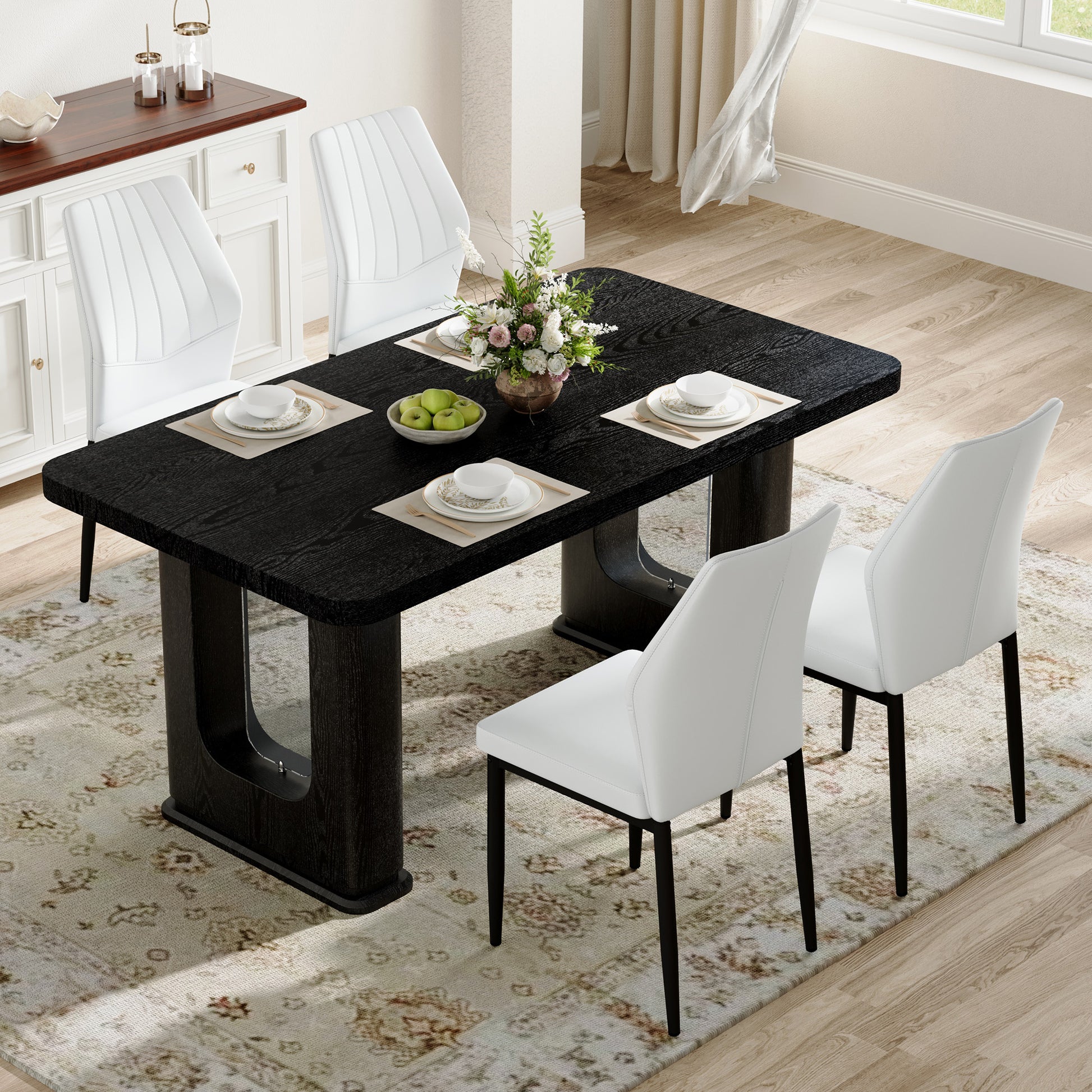 Modern Dining Set with Glass Legs, 64.5x35.4 Inch White Black