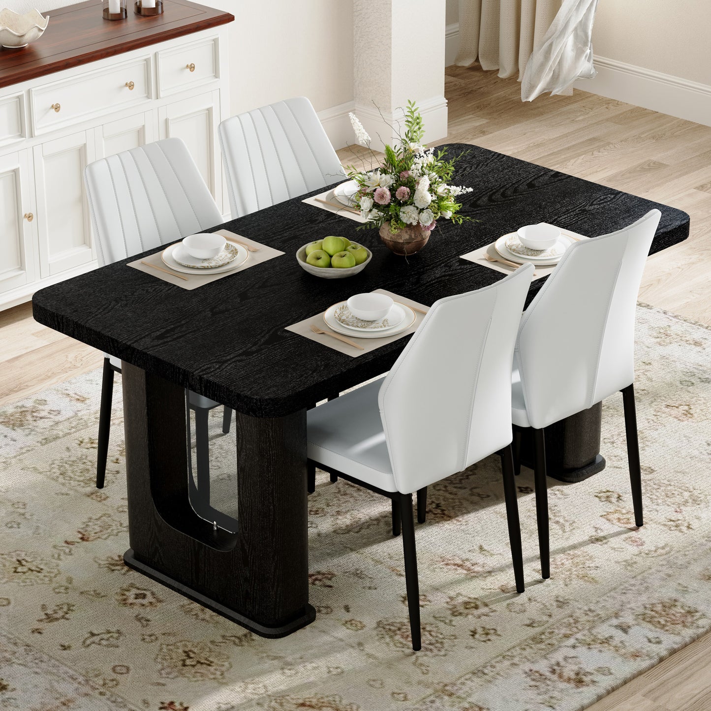 Modern Dining Set with Glass Legs, 64.5x35.4 Inch White Black