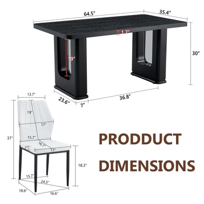 Modern Dining Set with Glass Legs, 64.5x35.4 Inch White Black