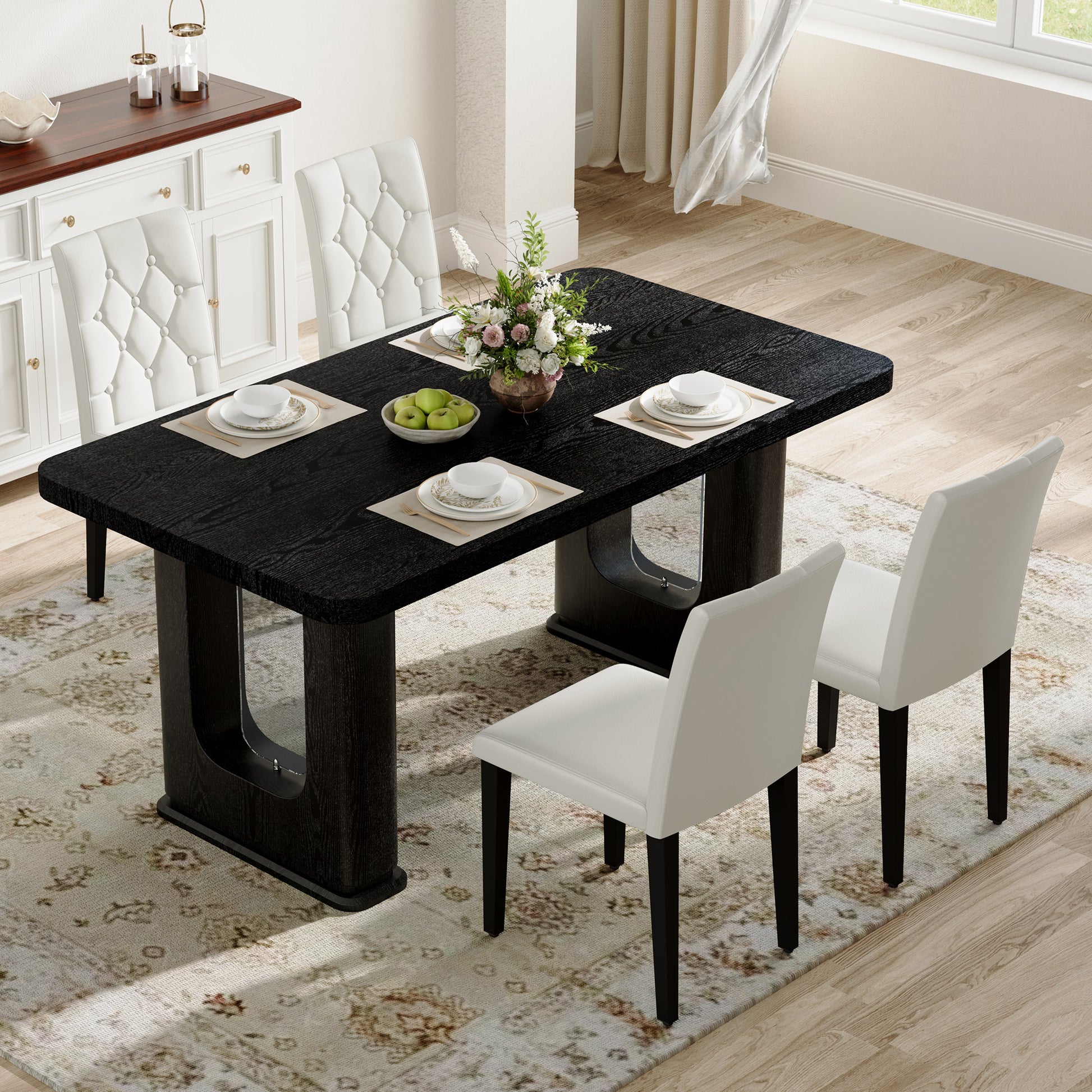 4-Person White Dining Table Set with Black Chairs