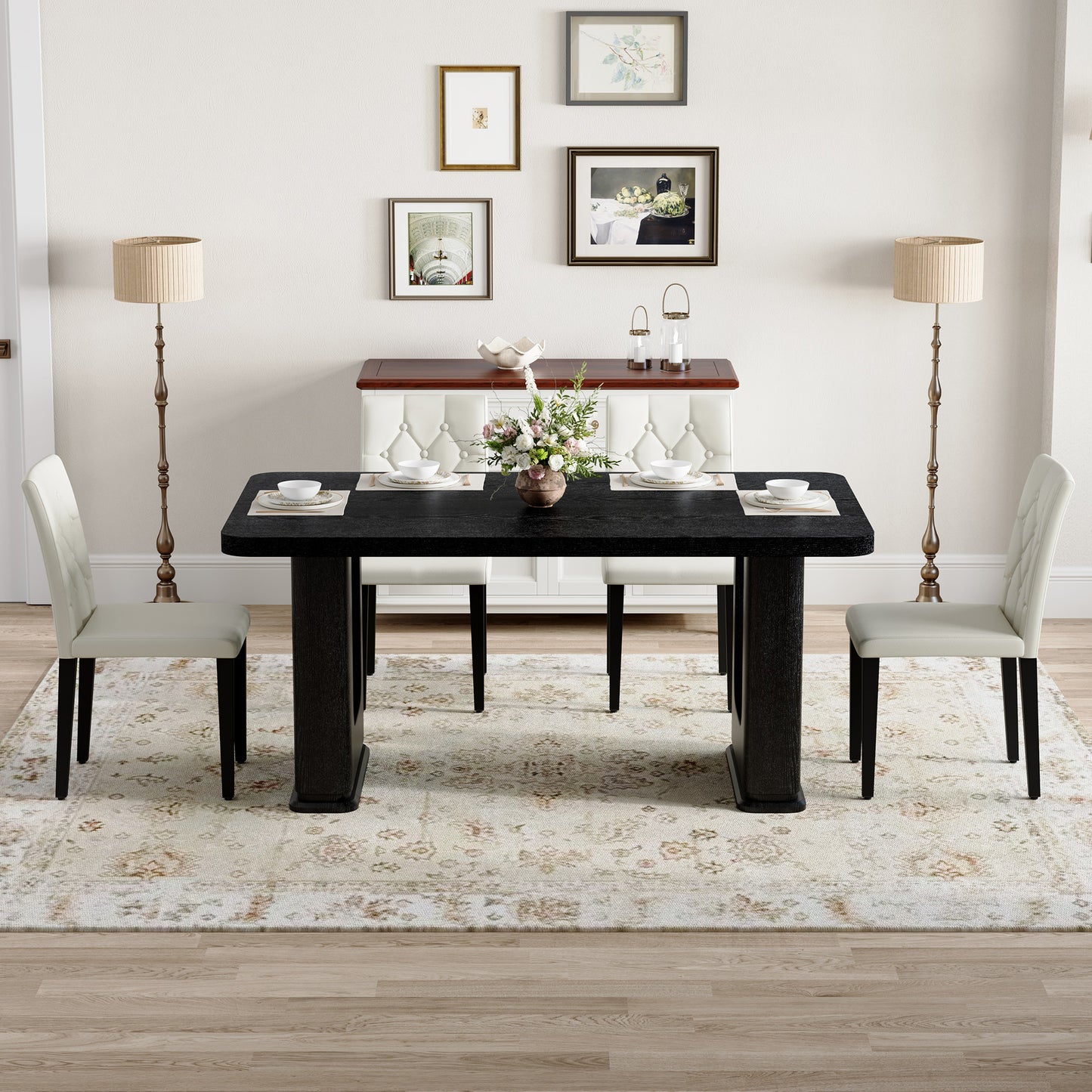 4-Person White Dining Table Set with Black Chairs