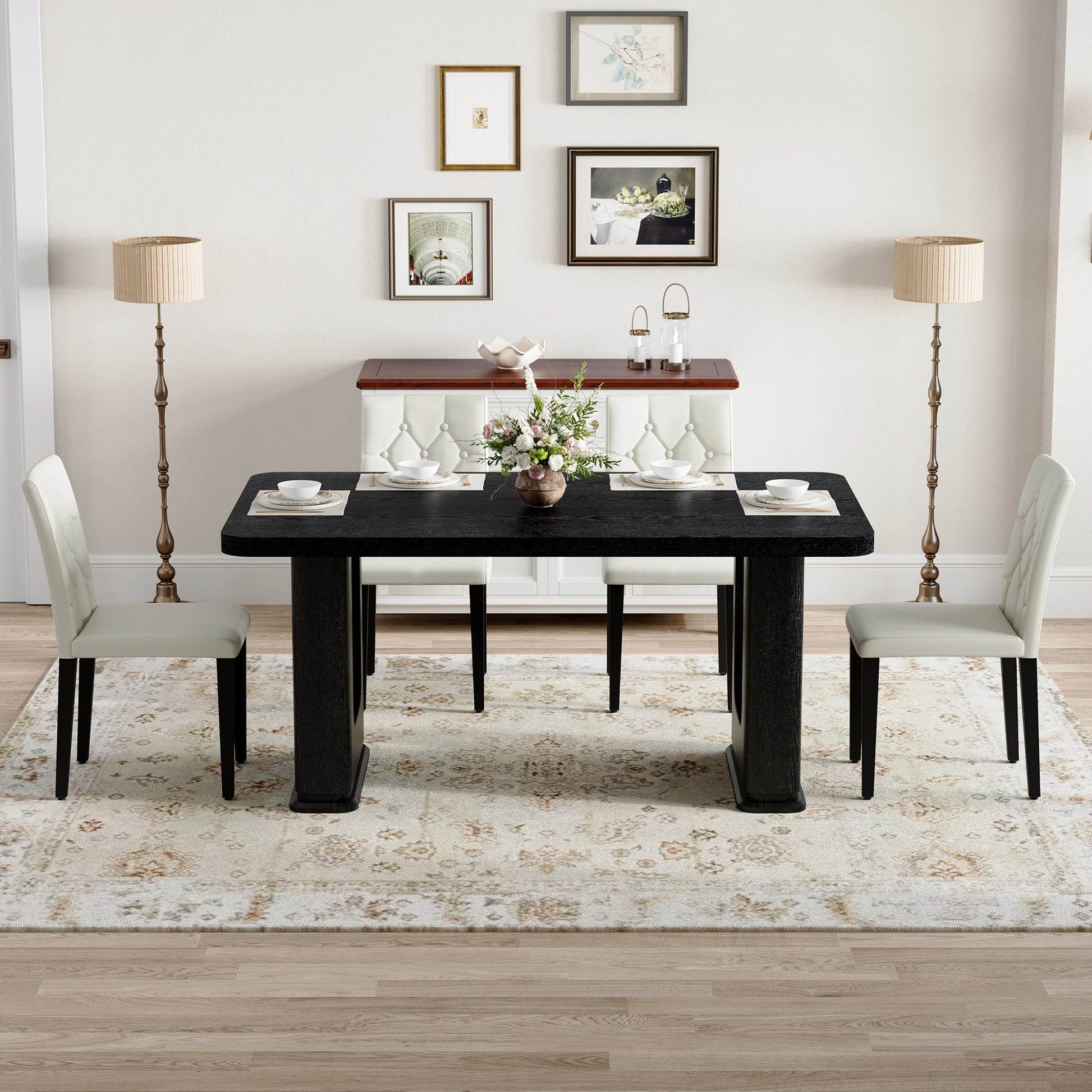 4-Person White Dining Table Set with Black Chairs