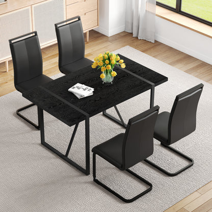 Black Faux Wood Grain MDF Dining Table Set.A minimalist retro rectangular dining table with a black textured top.Paired with 4 Black PU chairs with Black Featuring arched black legs.