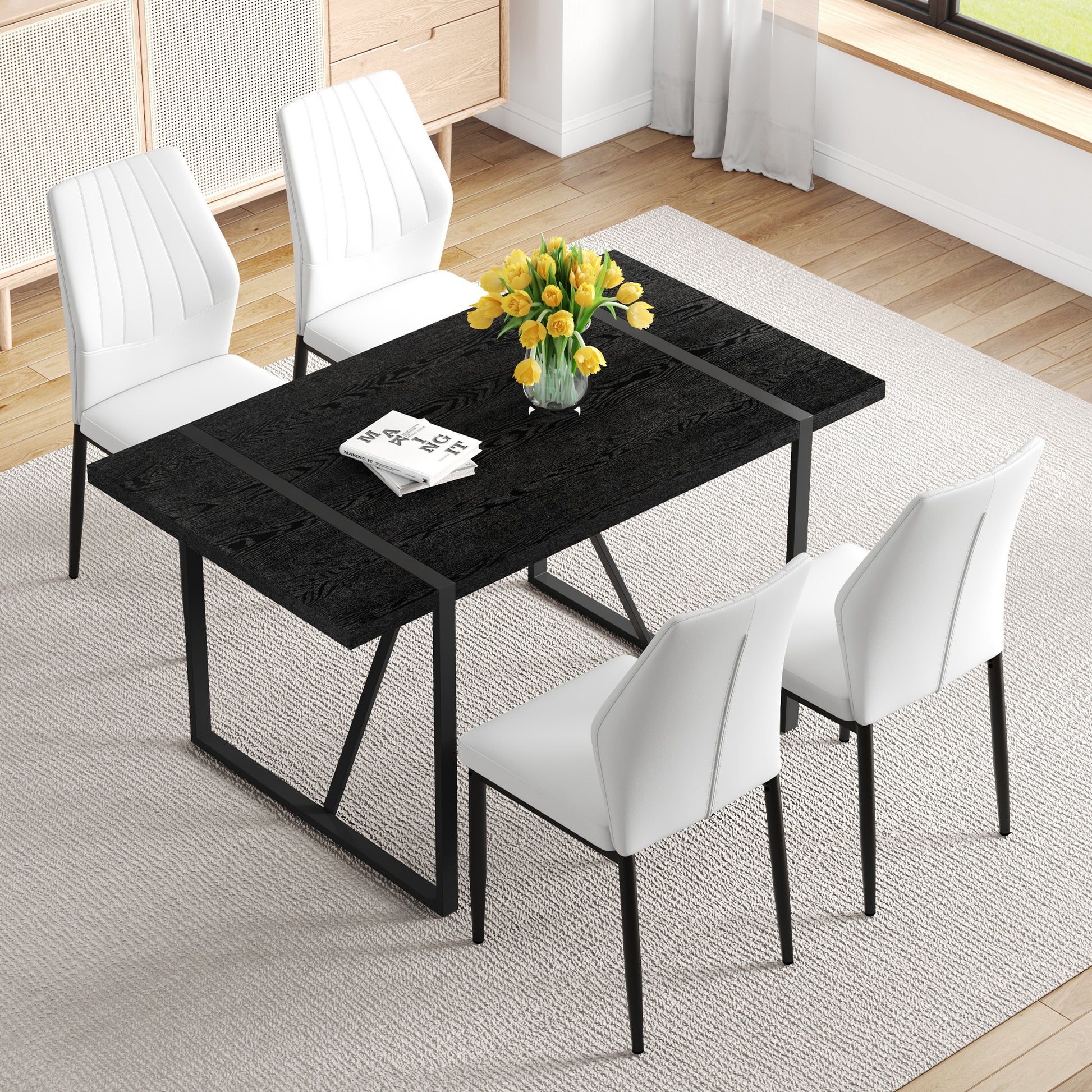 White & Black Dining Table Set - Seats 4 for Dining Room