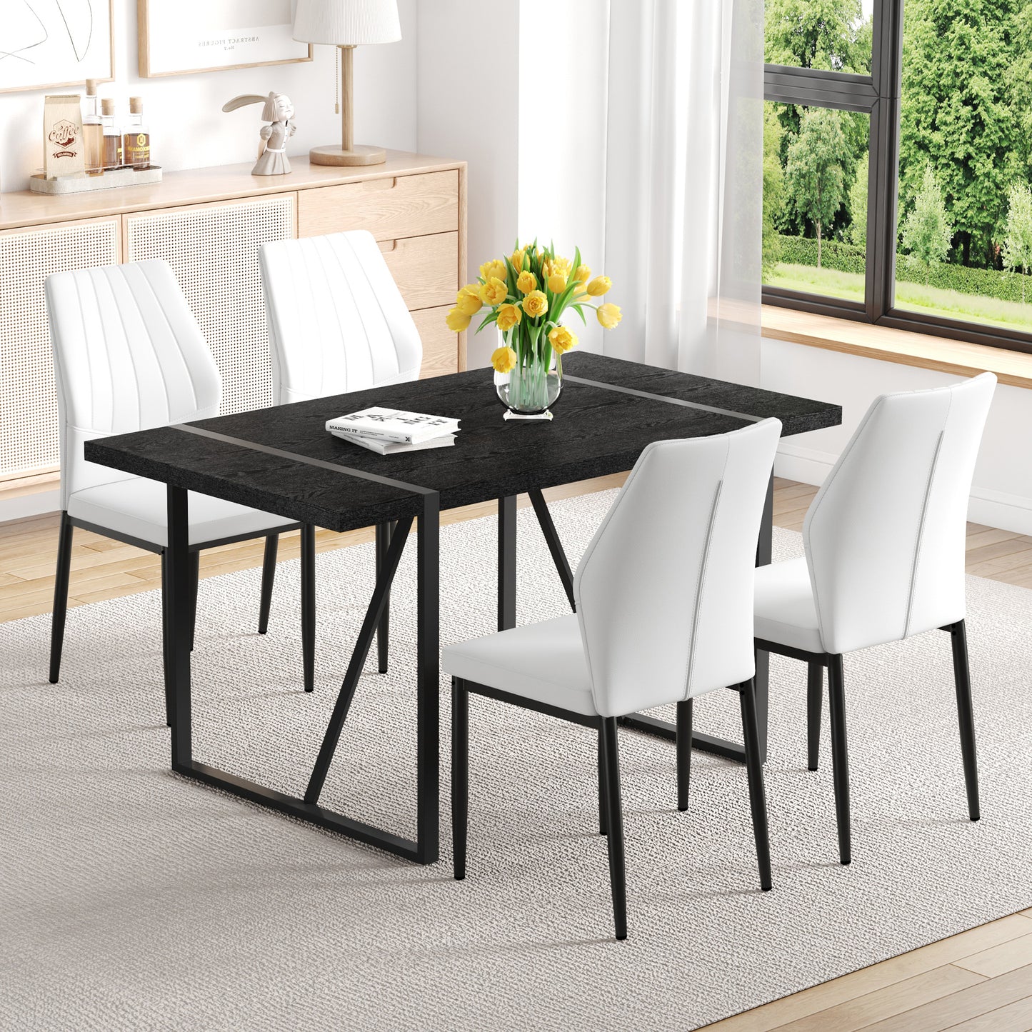White & Black Dining Table Set - Seats 4 for Dining Room