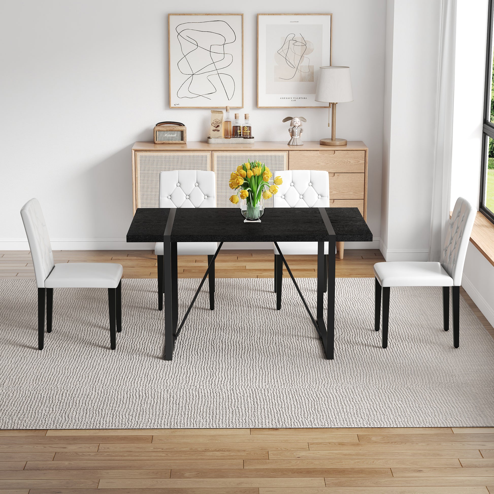 4-Person White Dining Table Set with Black Chairs