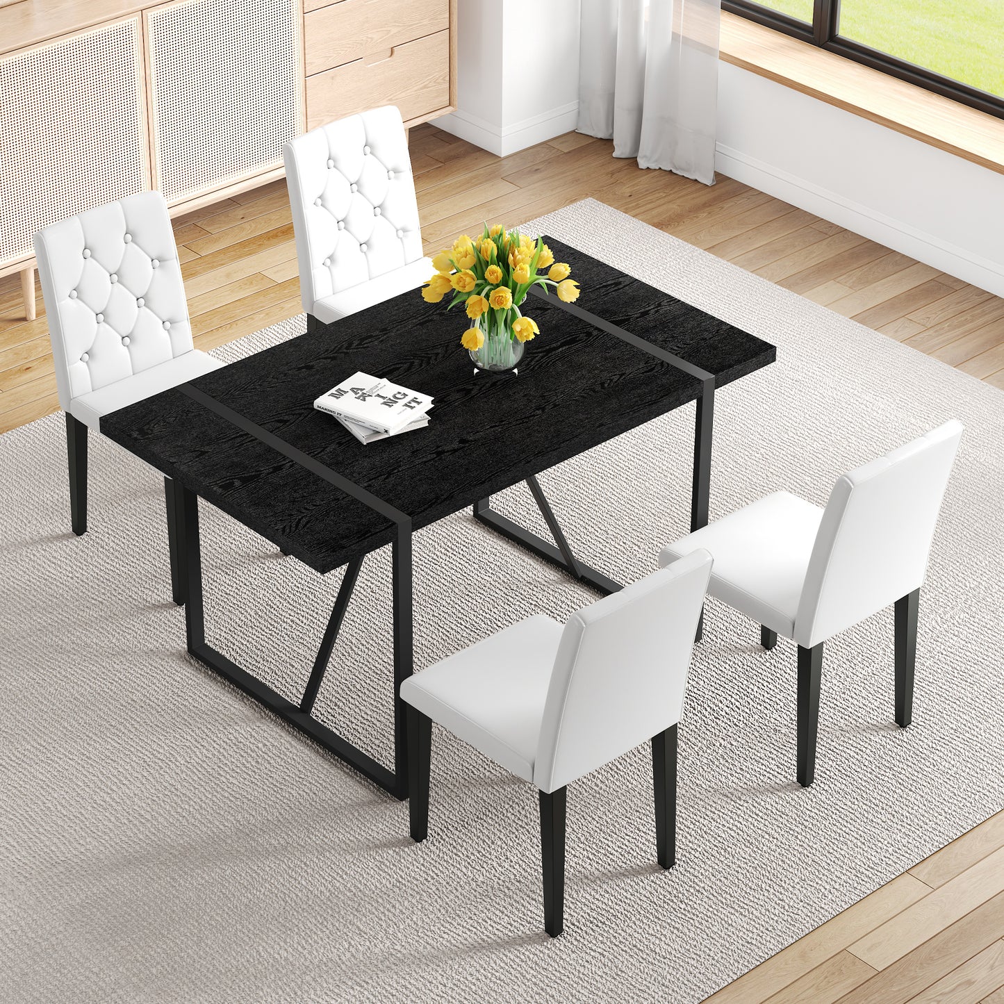 4-Person White Dining Table Set with Black Chairs