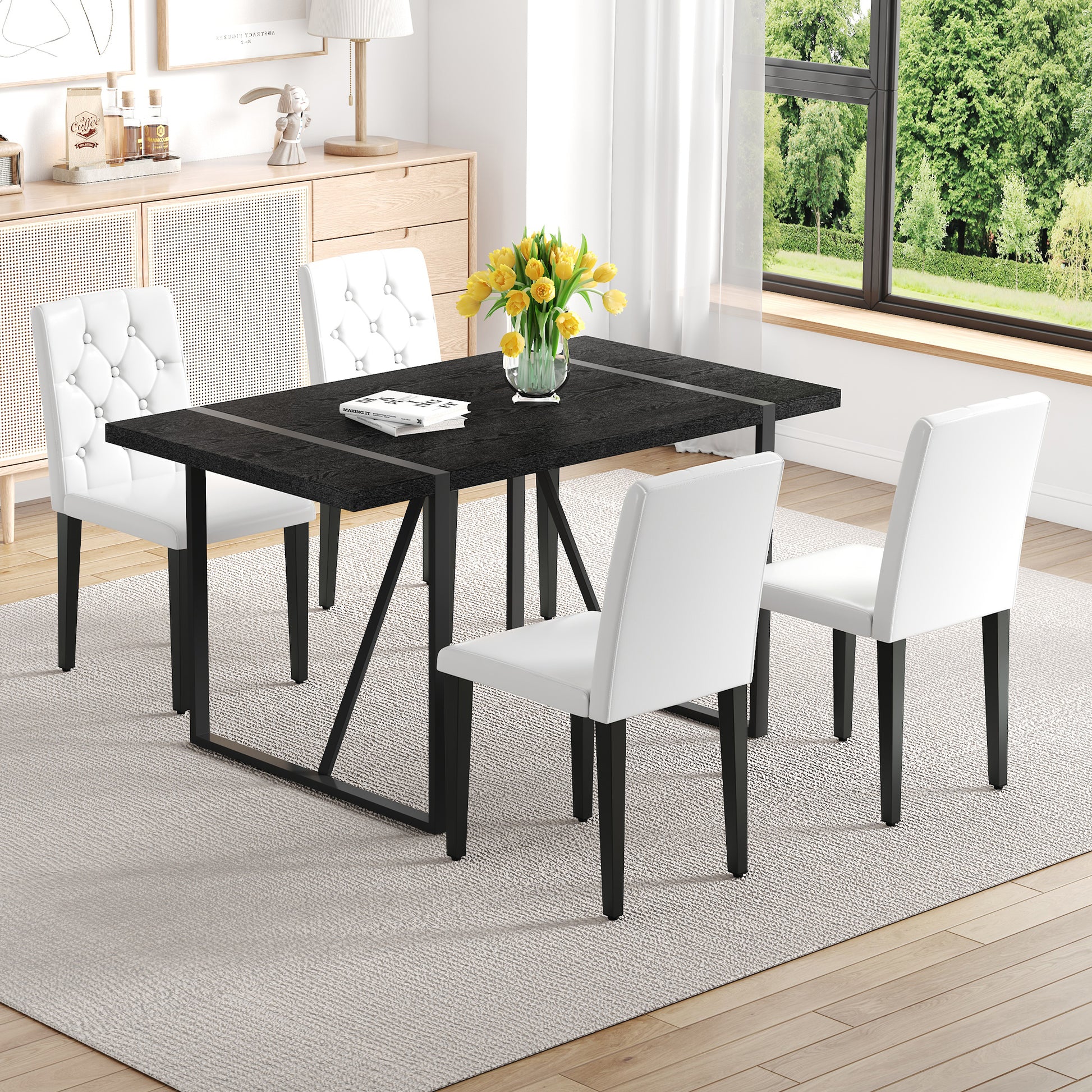 Black Faux Wood Grain MDF Dining Table Set.A minimalist retro rectangular dining table with a black textured top.4-pack white PU dining chairs: ergonomic buckle backrest.Exudes A Sense Of Fashion.