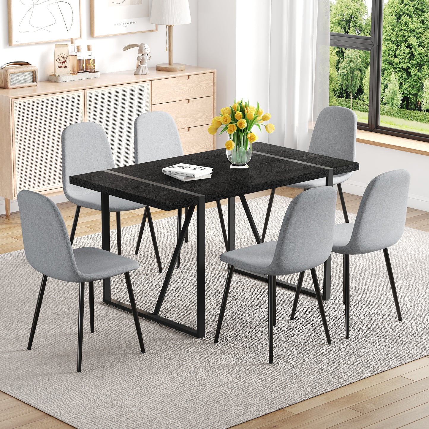 Table and Chair Set - 6 Light Gray Dining Chairs, Black Table