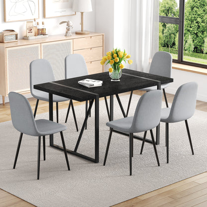 Table and Chair Set - 6 Light Gray Dining Chairs, Black Table