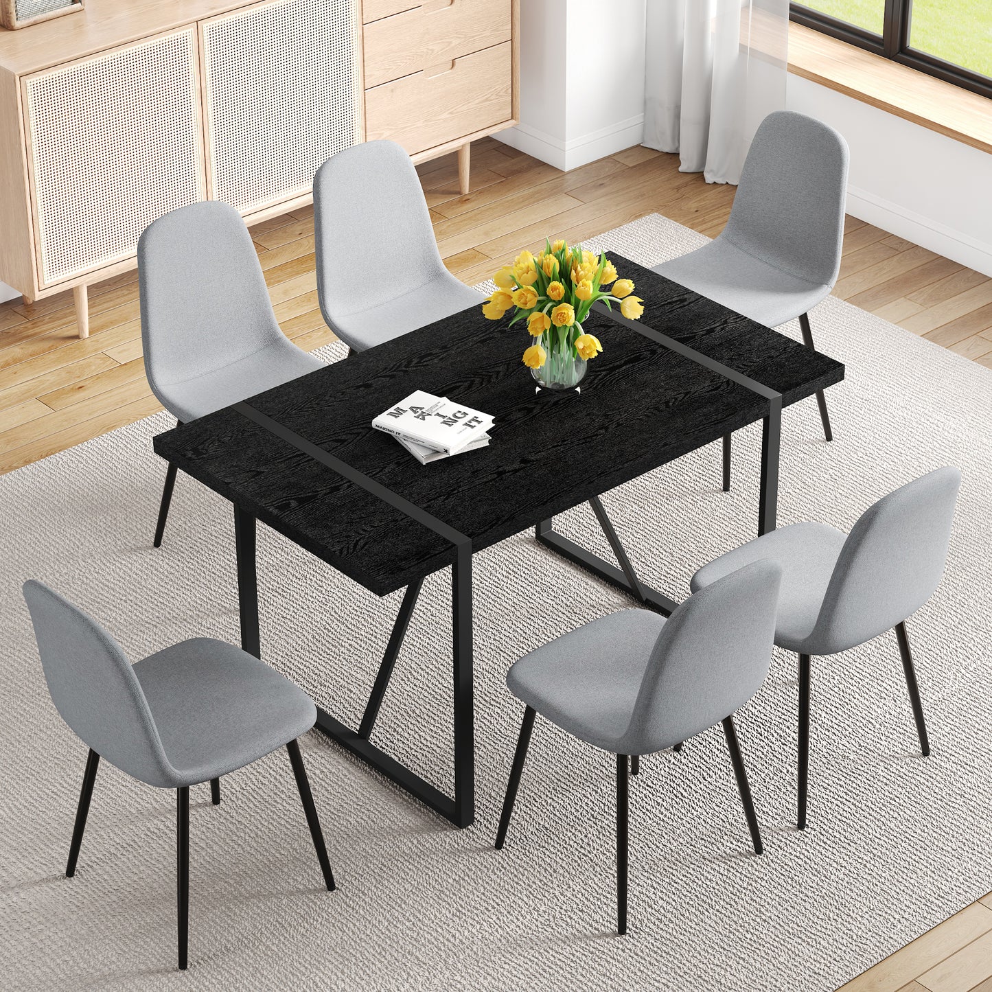 Table and Chair Set - 6 Light Gray Dining Chairs, Black Table