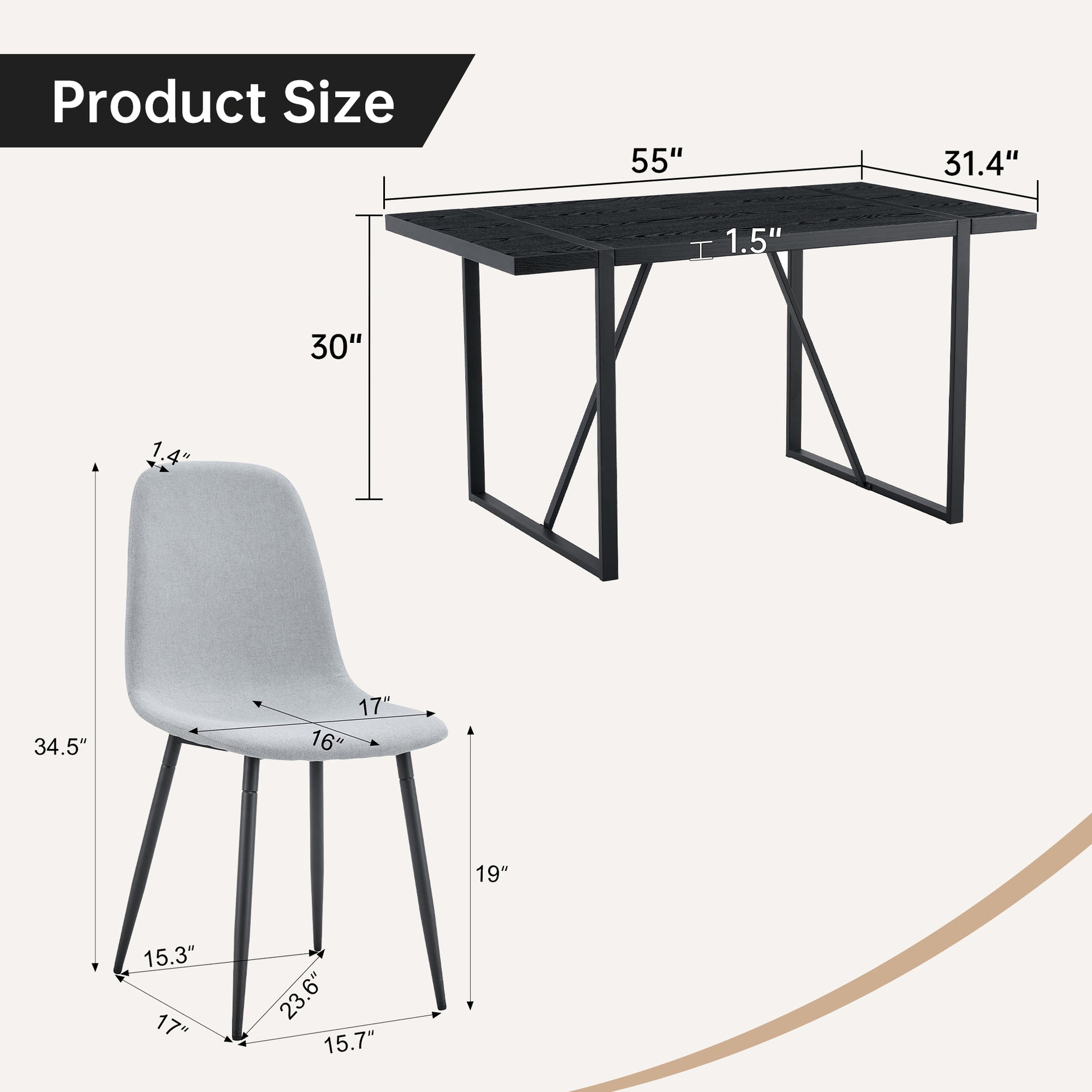 Table and Chair Set - 6 Light Gray Dining Chairs, Black Table