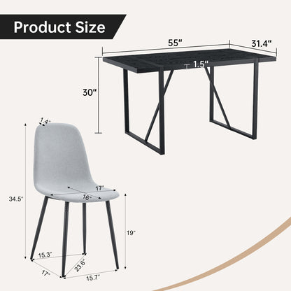 Table and Chair Set - 6 Light Gray Dining Chairs, Black Table