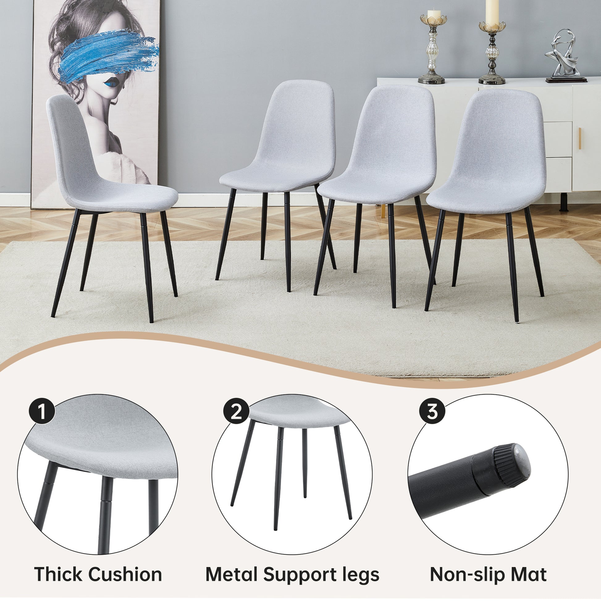 Table and Chair Set - 6 Light Gray Dining Chairs, Black Table