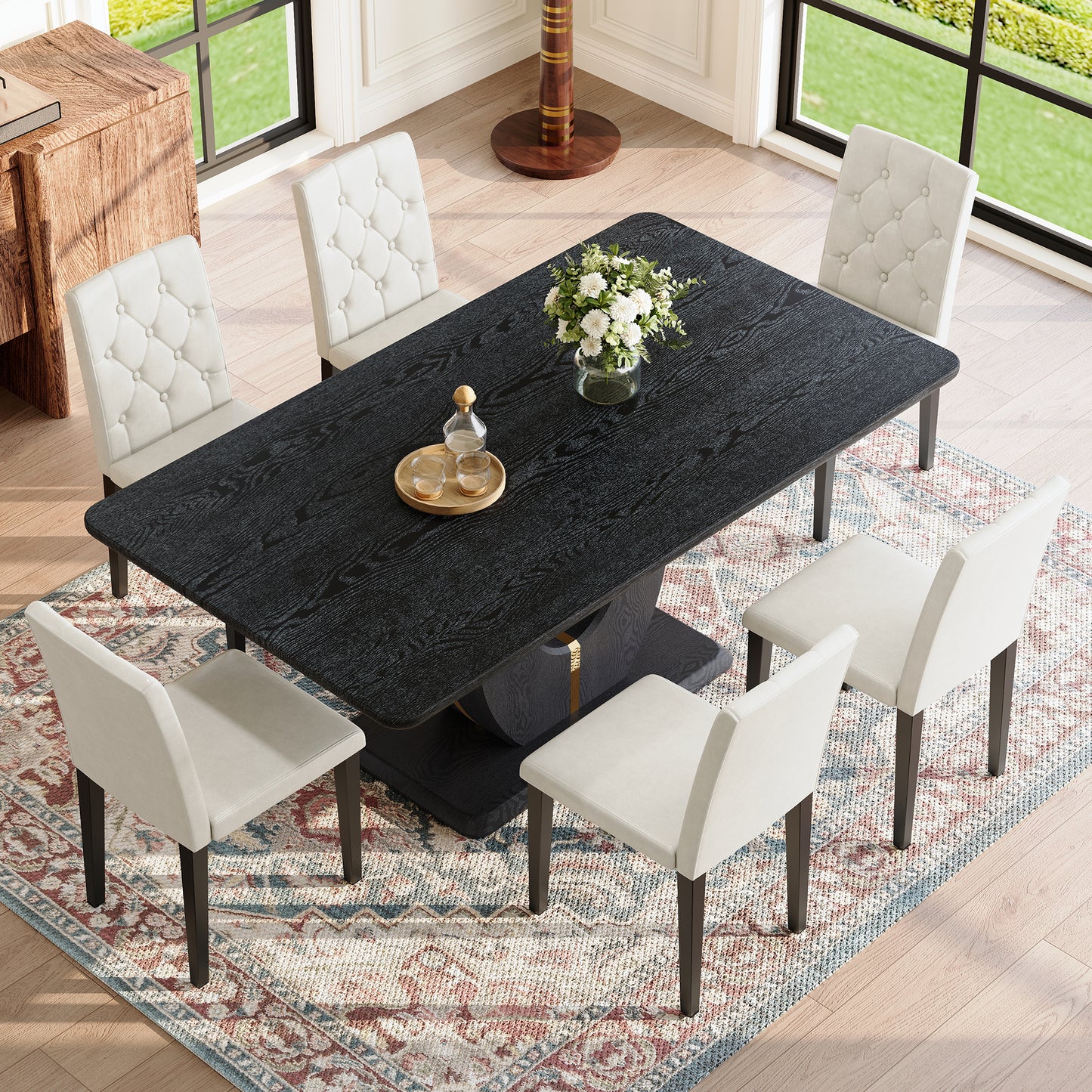 Black Wood Grain Dining Table Set - Seats 6, Modern MDF & PU Leather for Dining Room