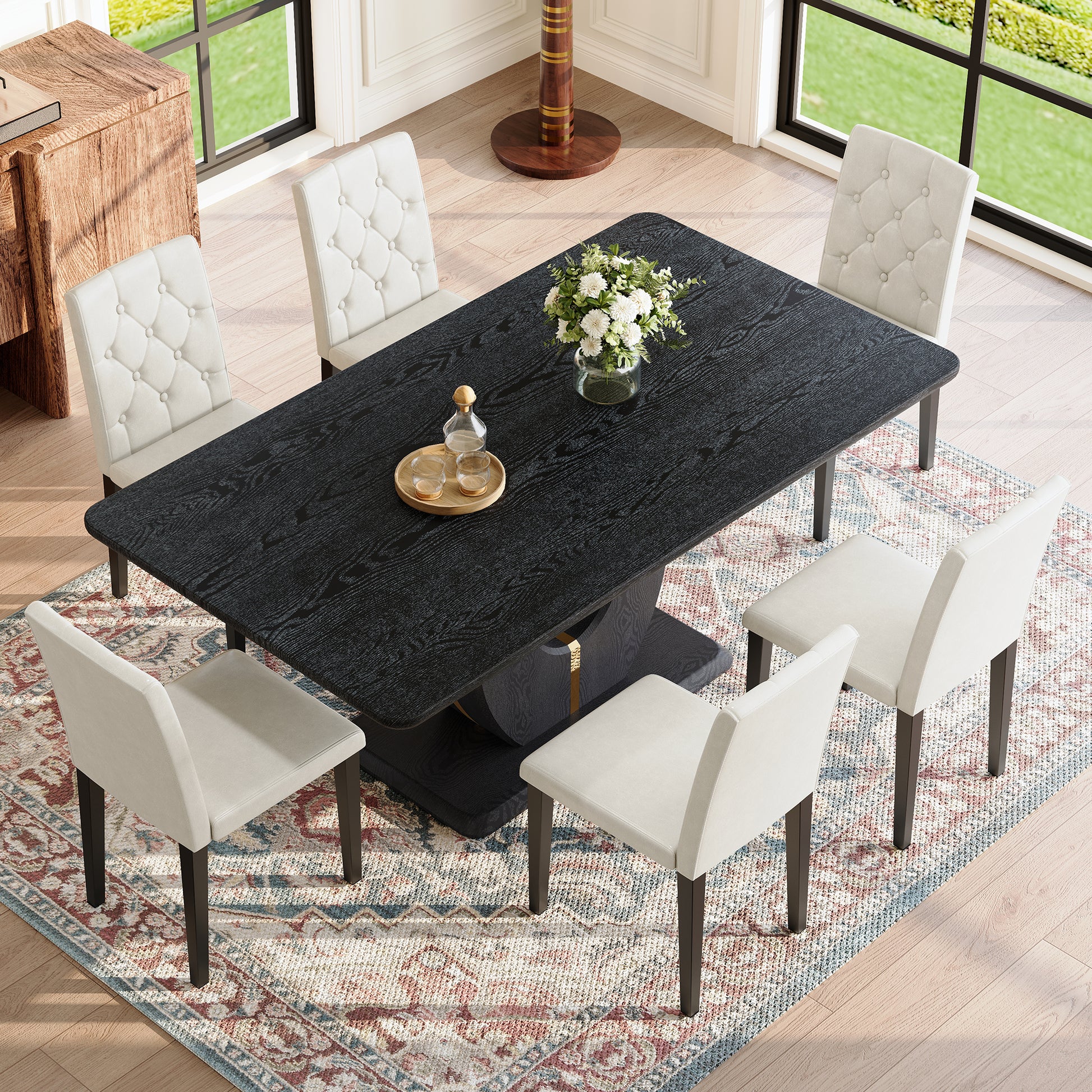 Black Wood Grain Dining Table Set - Seats 6, Modern MDF & PU Leather for Dining Room