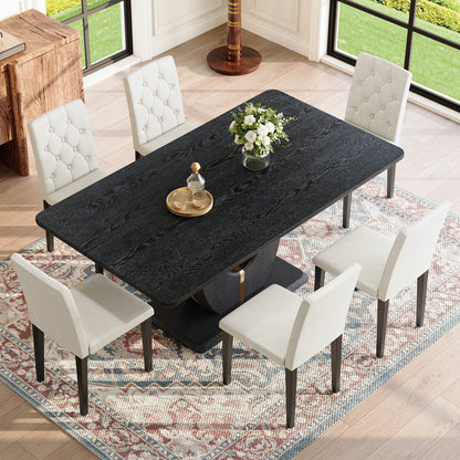 Black Wood Grain Dining Table Set - Seats 6, Modern MDF & PU Leather for Dining Room