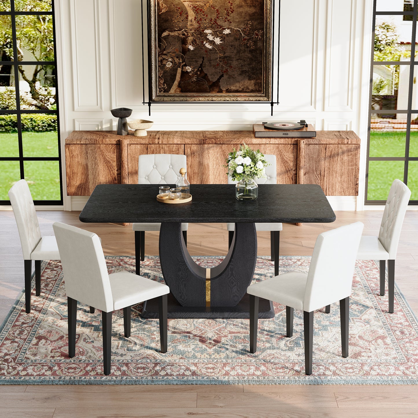 Black Wood Grain Dining Table Set - Seats 6, Modern MDF & PU Leather for Dining Room