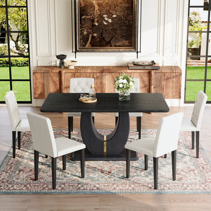 Black Wood Grain Dining Table Set - Seats 6, Modern MDF & PU Leather for Dining Room