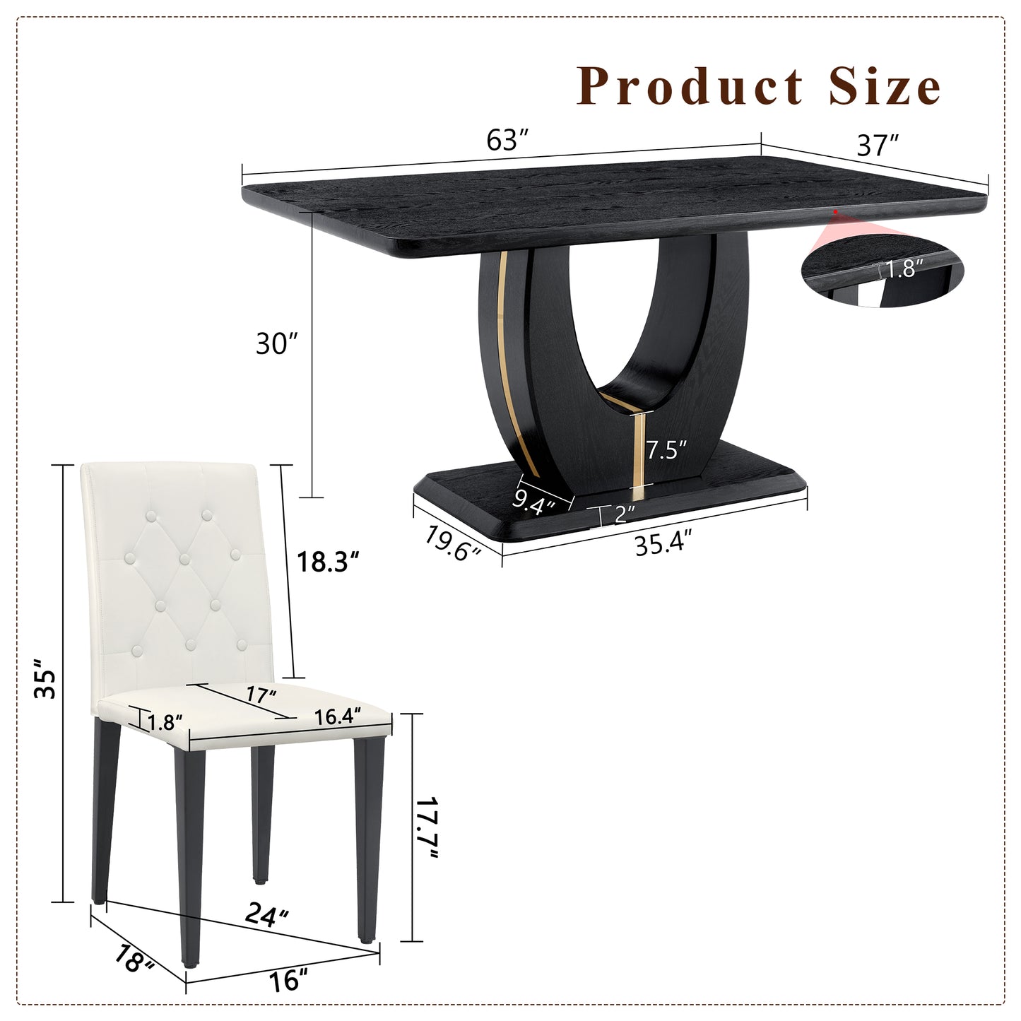 Black Wood Grain Dining Table Set - Seats 6, Modern MDF & PU Leather for Dining Room