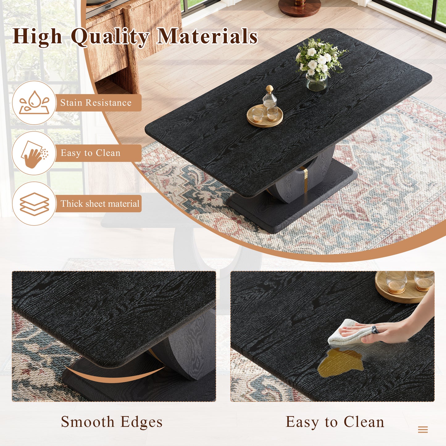 Black Wood Grain Dining Table Set - Seats 6, Modern MDF & PU Leather for Dining Room