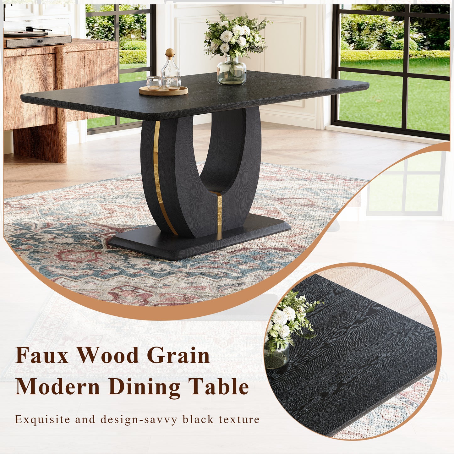 Black Wood Grain Dining Table Set - Seats 6, Modern MDF & PU Leather for Dining Room