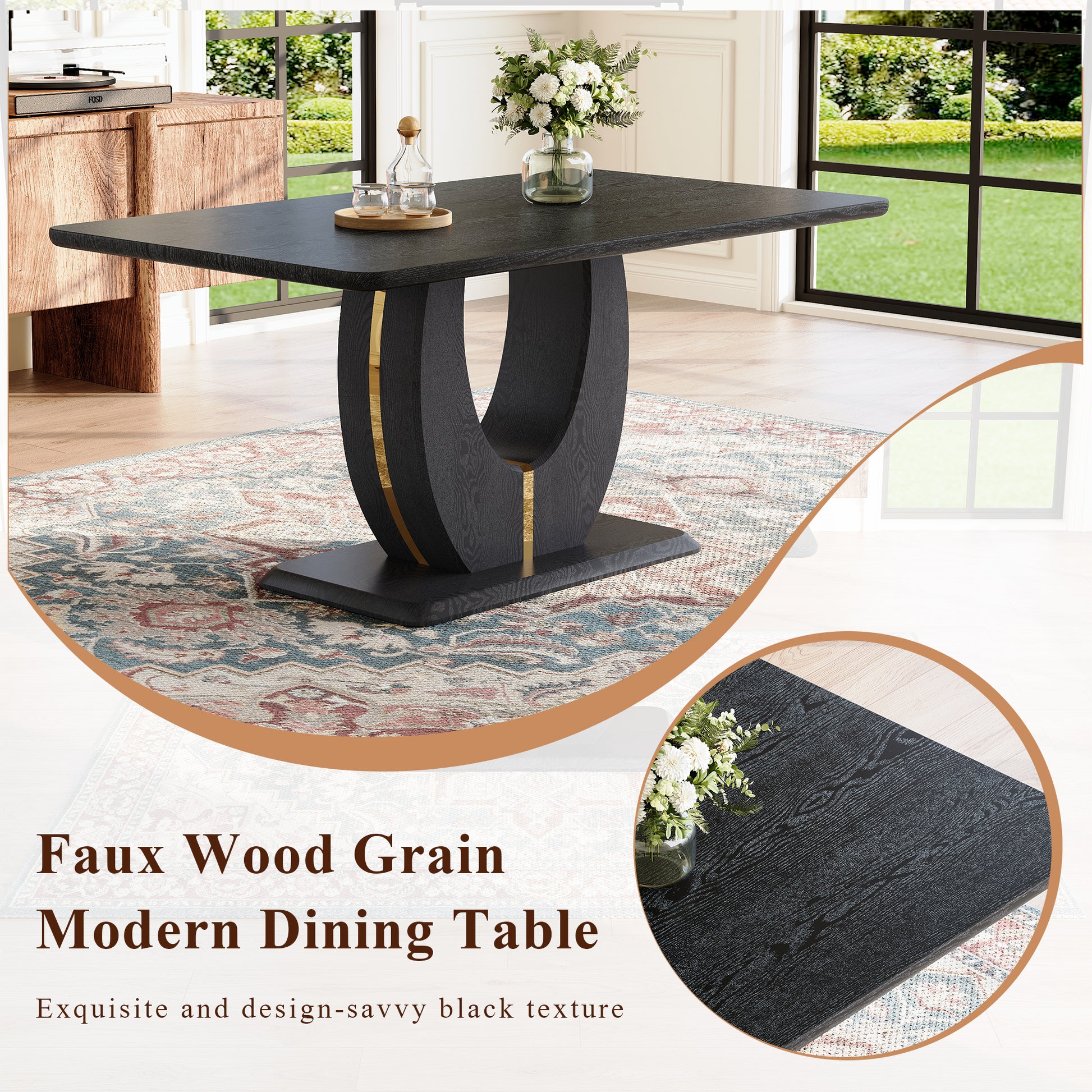 Black Wood Grain Dining Table Set - Seats 6, Modern MDF & PU Leather for Dining Room