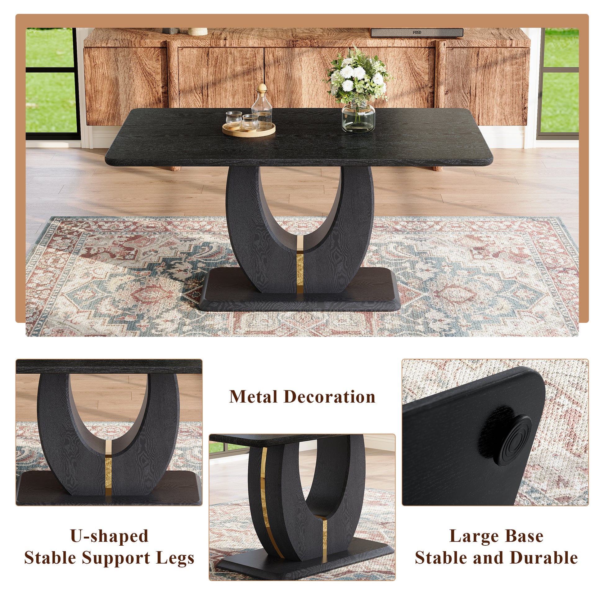 Black Wood Grain Dining Table Set - Seats 6, Modern MDF & PU Leather for Dining Room