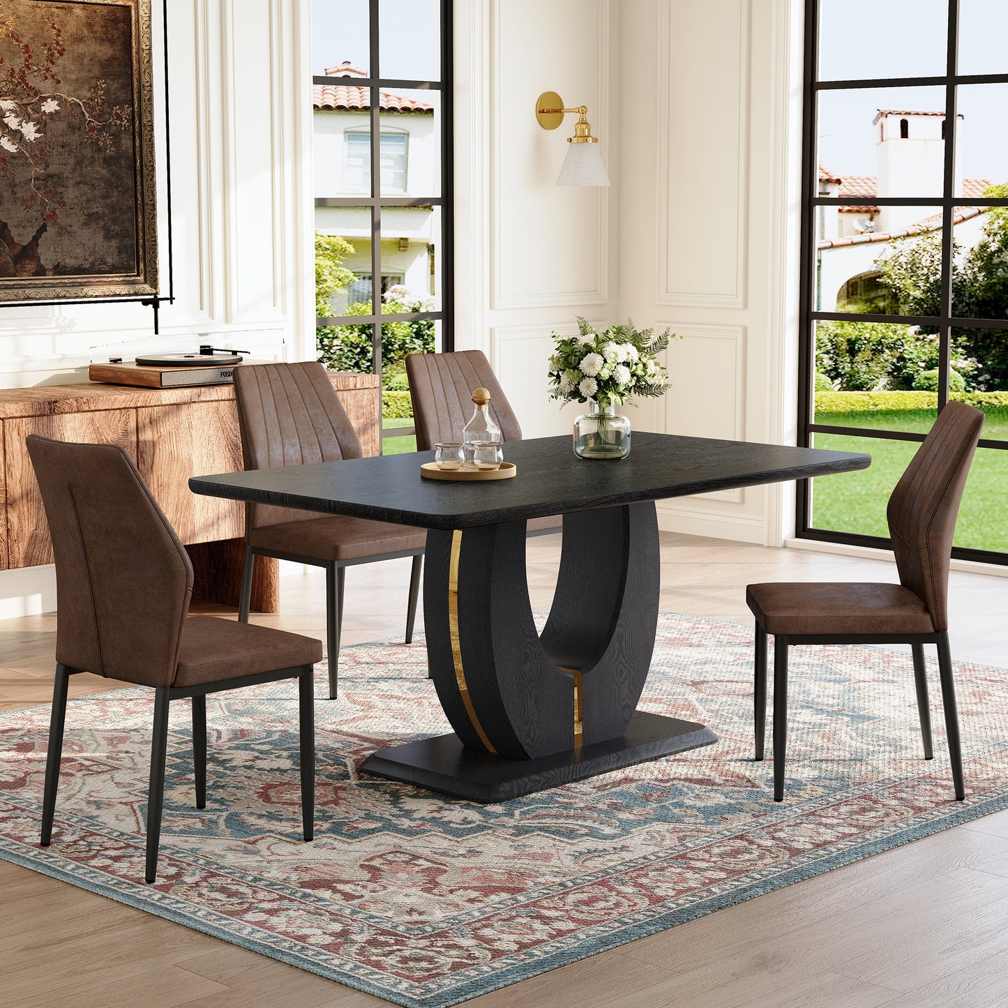 Black Wood Grain Dining Table Set for 4 people, 63" Modern MDF Dining Room Table Set.Paired with 4 Tech Fabric Chairs with a shell like texture design on the backrest.Exudes A Strong Sense Of Fashion.