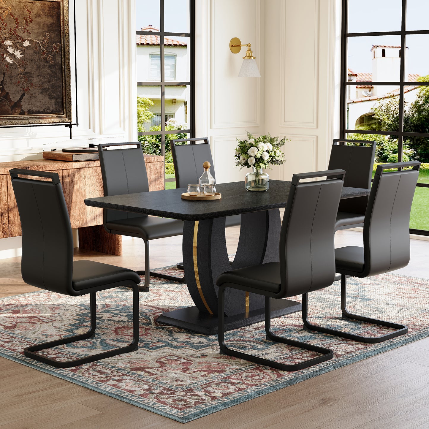 Black Wood Grain Dining Table Set for 6 people, 63" Modern MDF Dining Room Table Set .Paired with 6 Black PU chairs with Black Featuring arched black legs.Exudes A Strong Sense Of Fashion.