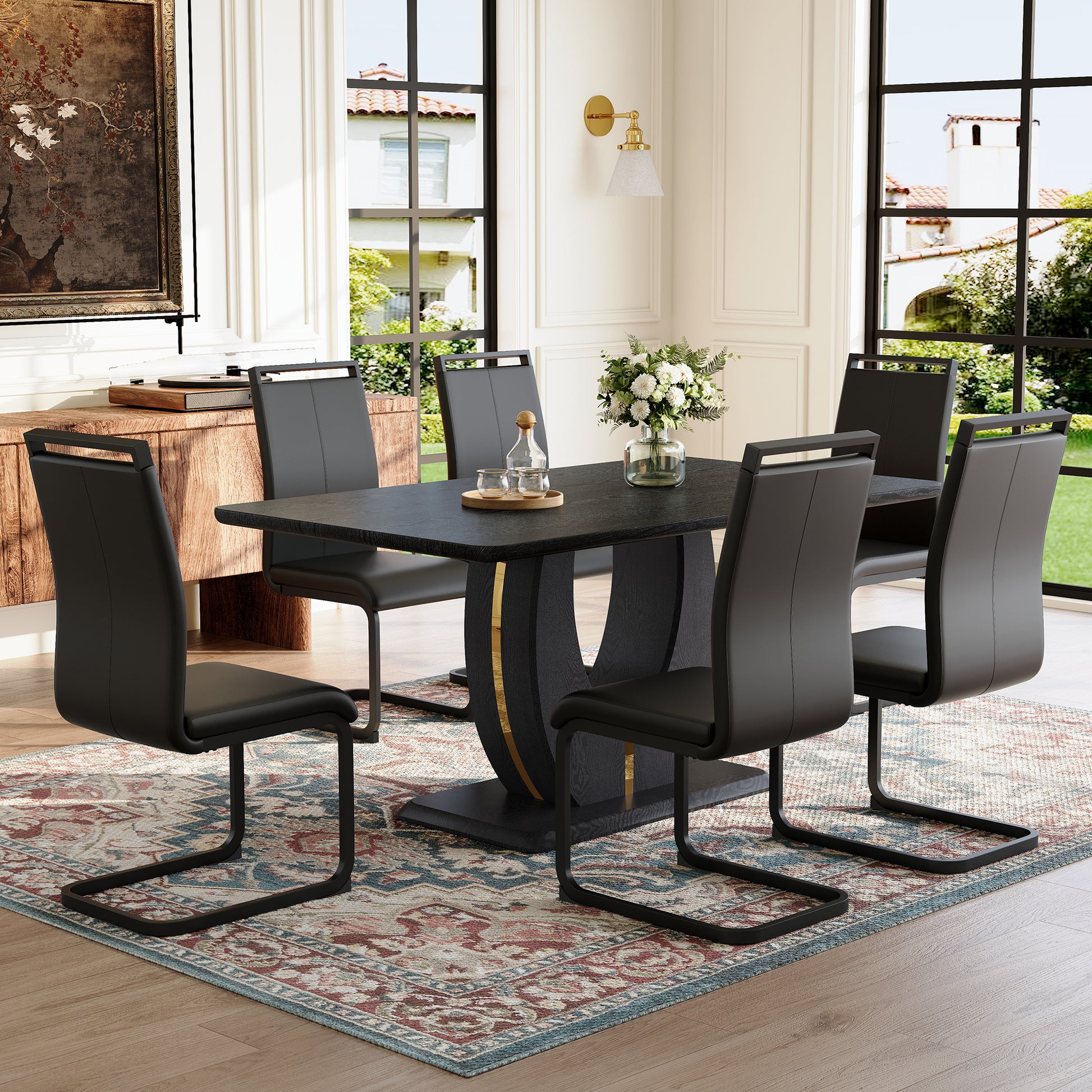 Black Wood Grain Dining Table Set for 6 people, 63" Modern MDF Dining Room Table Set .Paired with 6 Black PU chairs with Black Featuring arched black legs.Exudes A Strong Sense Of Fashion.