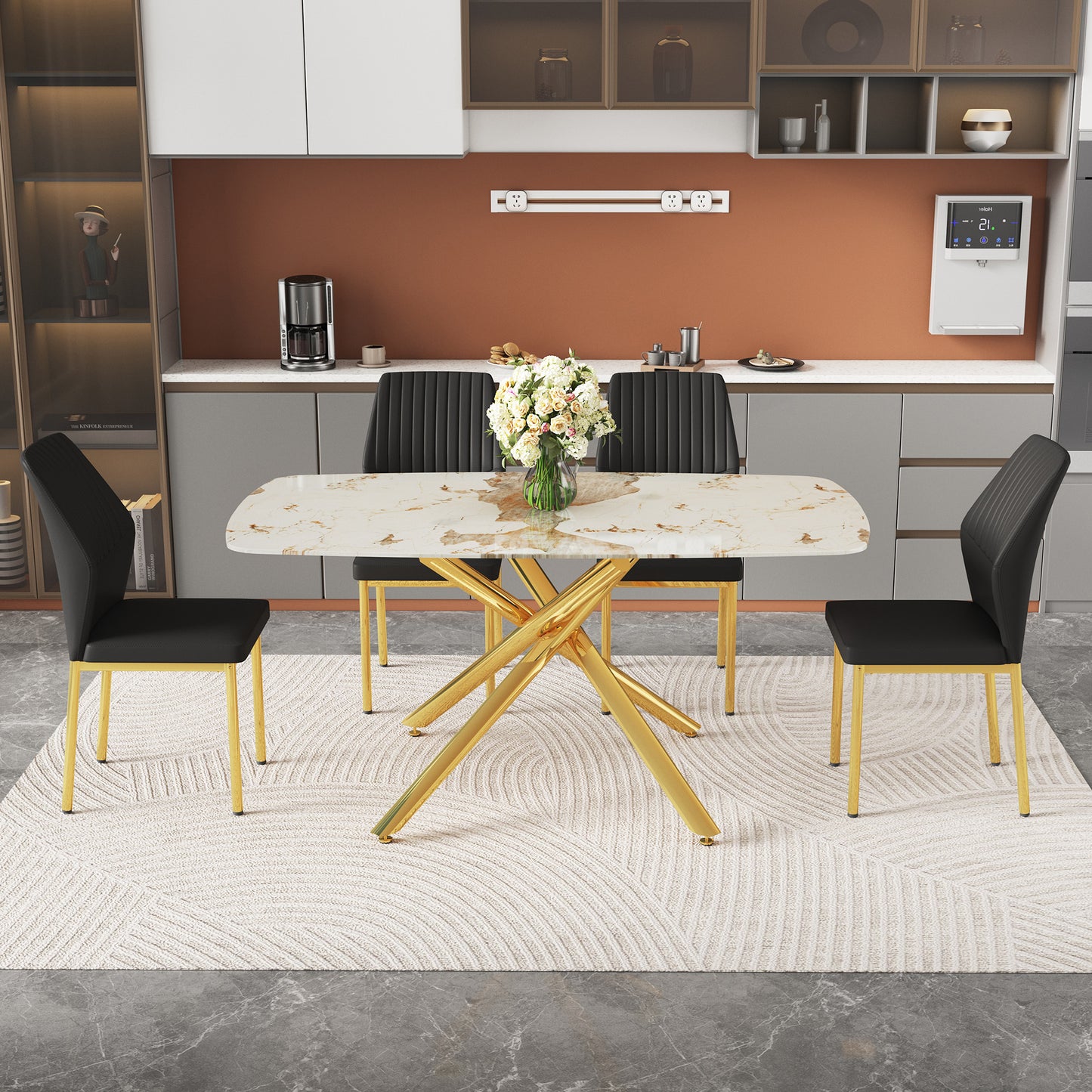 Table and chair set. 63" x 35.4" Luxurious White Marble-Patterned Tempered Glass Dining Table.Paired with 4 BLACK PU Material High Resilience Dining Chair with Metal Gold Leg.
